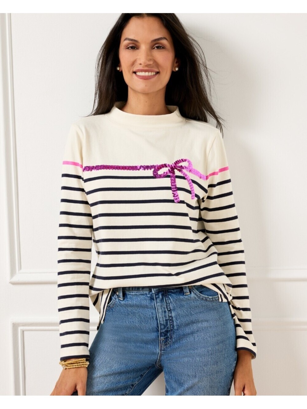 Talbots Sequin Ribbon Striped Cotton Top Preppy Casual Women's Size XS